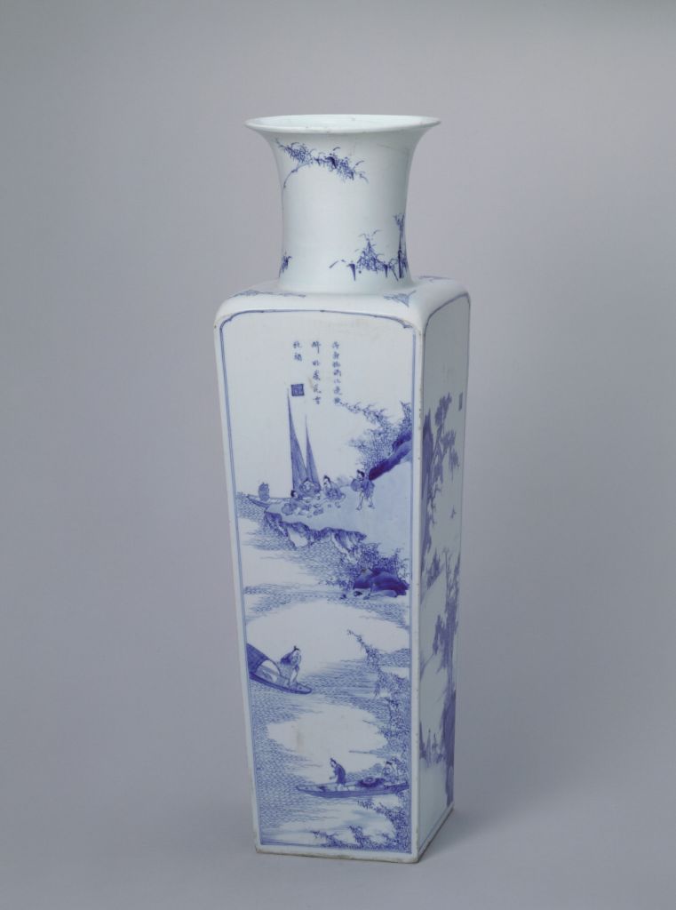 图片[1]-Blue and white landscape figure square bottle-China Archive